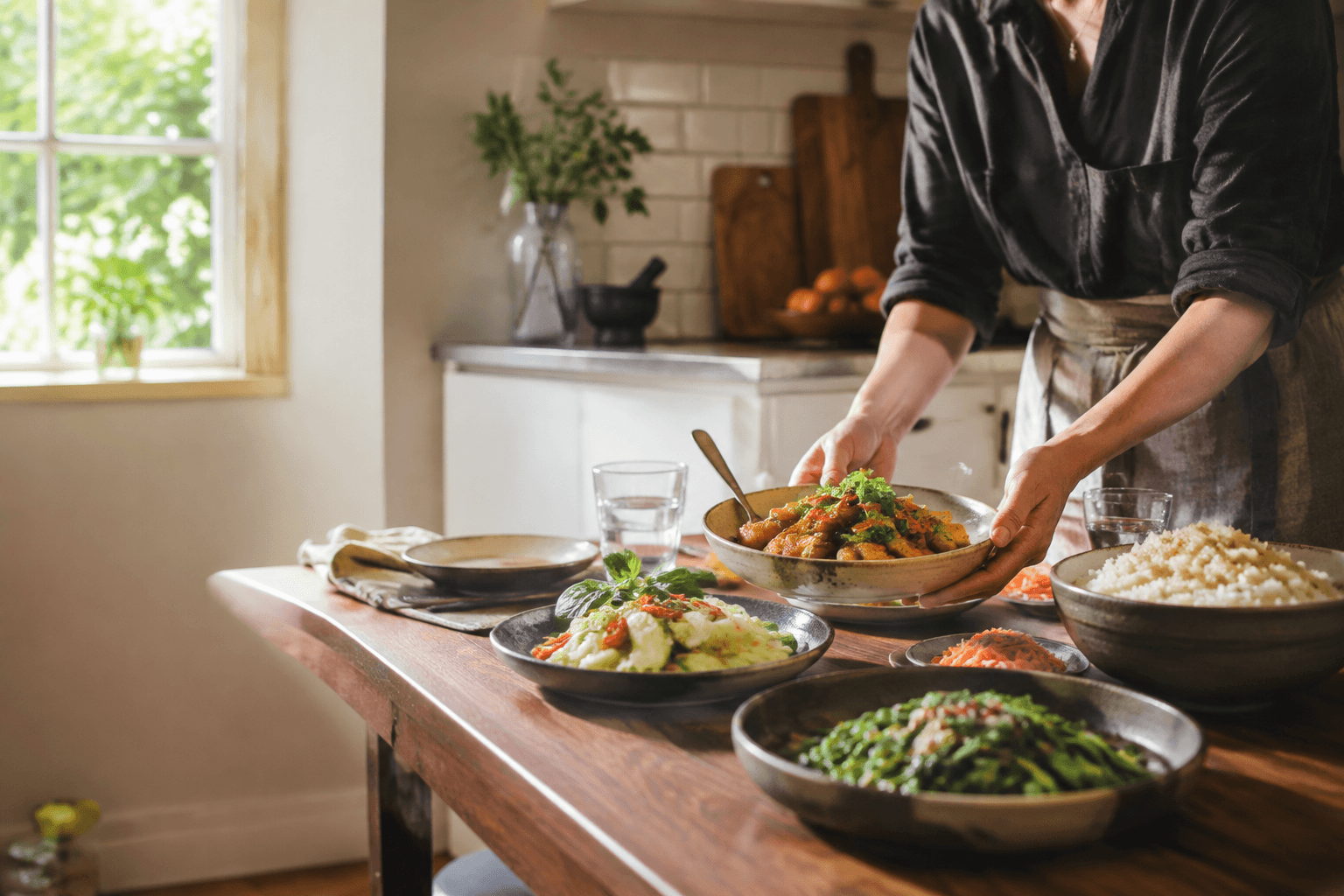 A home chef setting freshly cooked dishes on a kitchen table